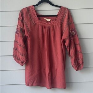 Entro Coral Dark Salmon Embroidered 3/4 Sleeve Blouse